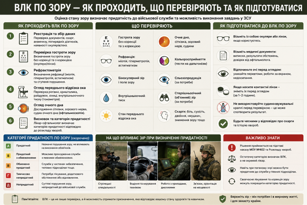 Інфографіка про проходження військово-лікарської комісії по зору — етапи, що перевіряють і поради щодо підготовки