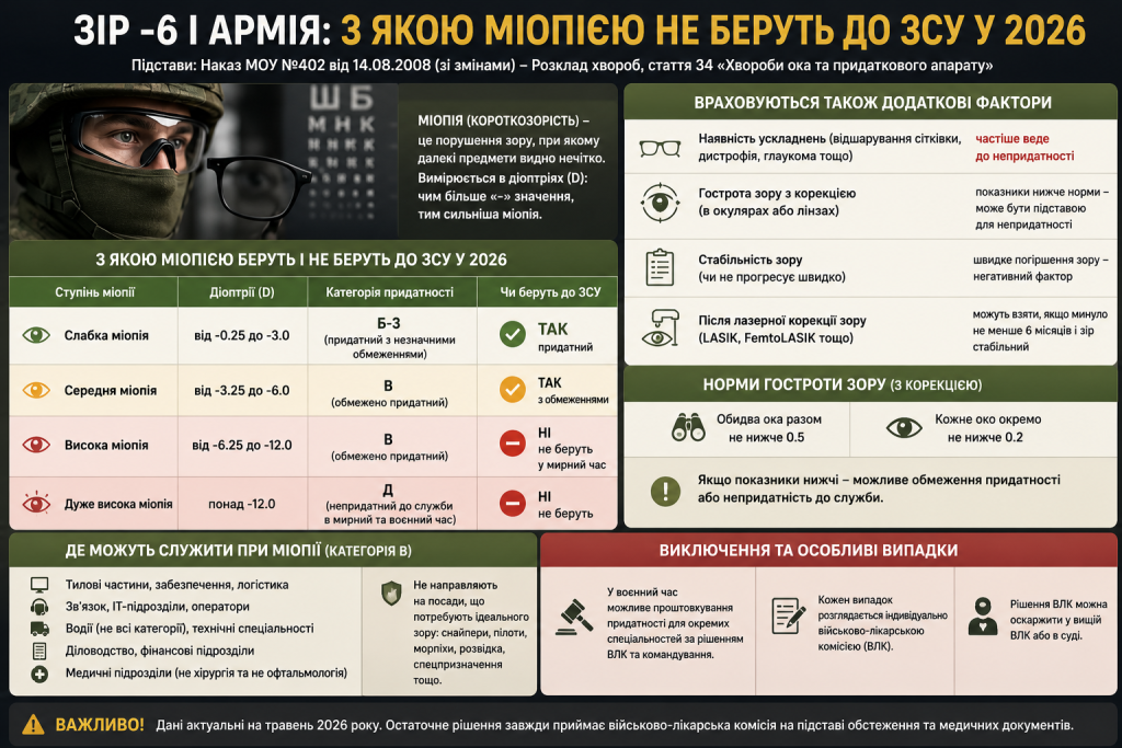 Інфографіка про ступені міопії та придатність до військової служби в ЗСУ у 2026 році